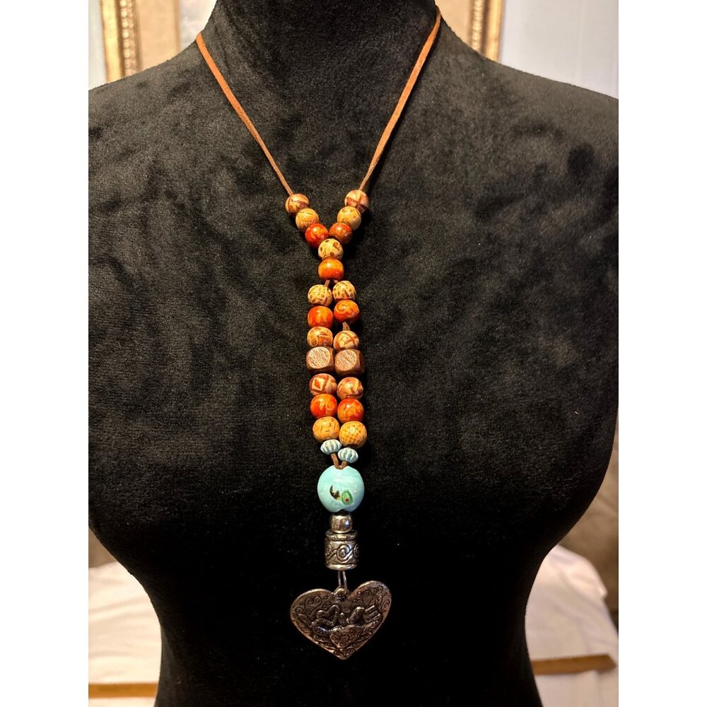 Handcrafted Beaded Necklace Heart Pendant turquoise Leather Boho Hippie Western